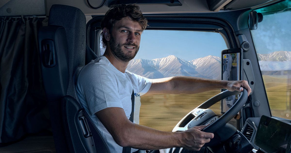WR Logistics driver behind the wheel of a new Actros truck during a Central Asia route