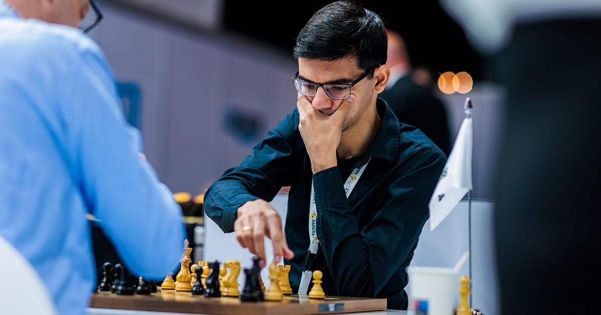 Grandmaster Anish Giri playing during the WR Logistics chess challenge at Breakbulk Europe 2025